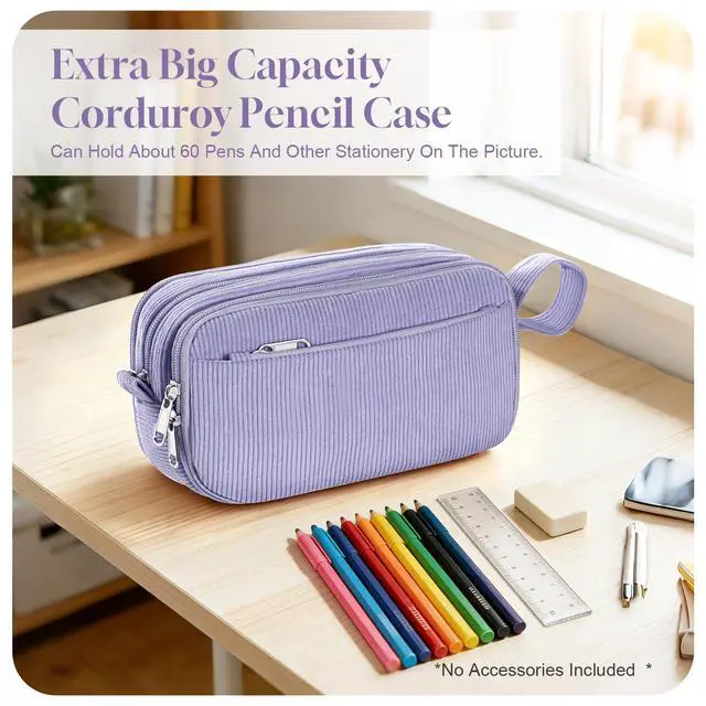 Alt view image 7 of 7 - Corduroy Pencil Case, Large Capacity Pencil Pouch with 4 Compartments, Cute Soft Aesthetic Stationery Pen Bag Organizer with Zipper, Portable School Supplies for Teen and Adult Girls, Purple