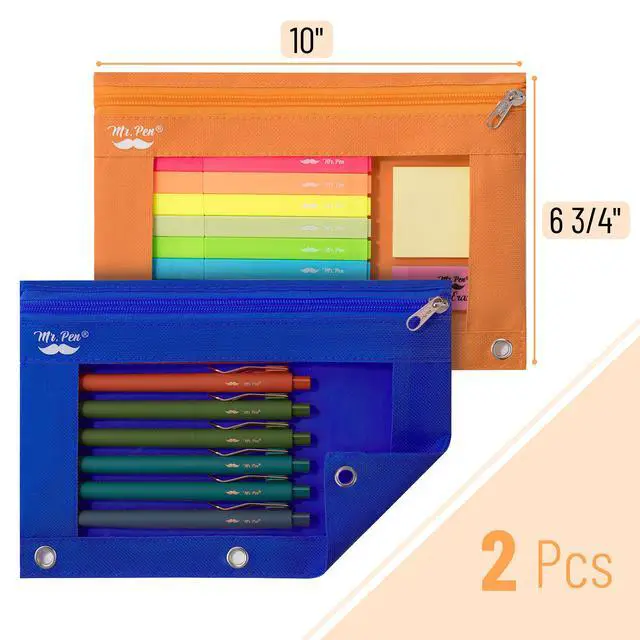 Alt view image 2 of 7 - Pencil Pouch for 3 Ring Binder, 2 Pack, 10"x6.75", Smooth Zipper | Clear Window, Large Capacity Pencil Case with 3 Reinforced Grommets for School, Office, Supplies Storage