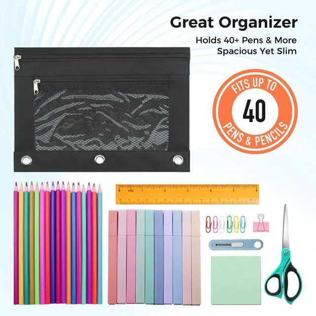Alt view image 3 of 7 - Pencil Pouch for 3 Ring Binder, Pencil Case Bag with Zipper, 600D Fabric Pencil Pouch Holder Accessories, Clear Window Pencil Case Aesthetic Back to School Organizer Pockets for Boy Girl (Black)