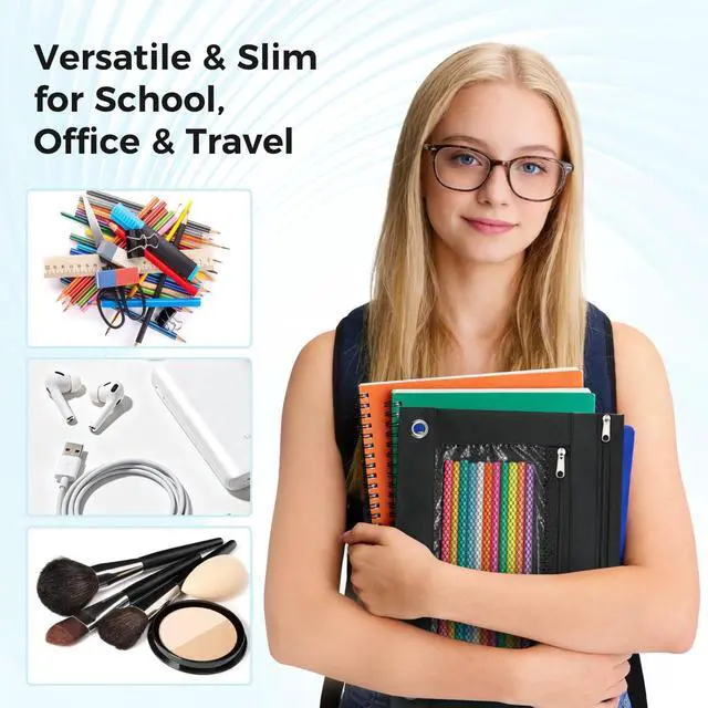 Alt view image 5 of 7 - Pencil Pouch for 3 Ring Binder, Pencil Case Bag with Zipper, 600D Fabric Pencil Pouch Holder Accessories, Clear Window Pencil Case Aesthetic Back to School Organizer Pockets for Boy Girl (Black)