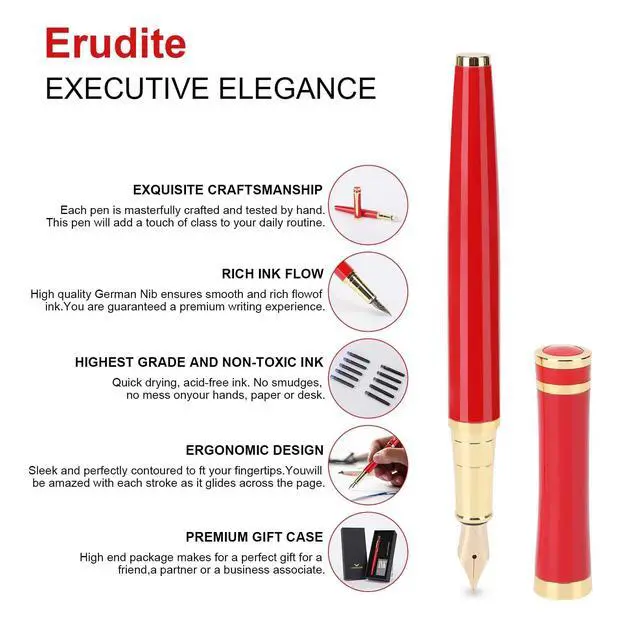 Alt view image 3 of 6 - Fountain Pen - Luxury Fountain pen set for Men & Women - Ink Pen for Smooth Writing - Fountain Pen Fine NibIncludes 10 Ink Cartridges and Ink Refill Converter - Red