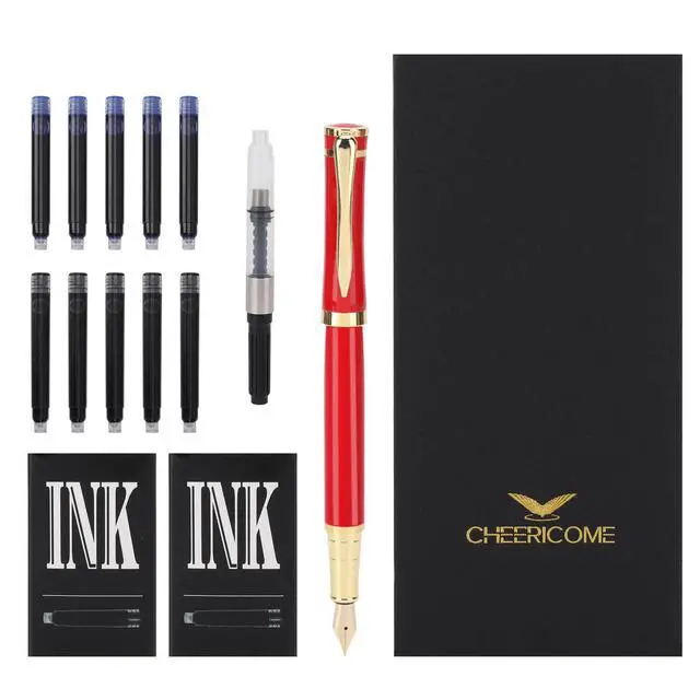 Alt view image 2 of 6 - Fountain Pen - Luxury Fountain pen set for Men & Women - Ink Pen for Smooth Writing - Fountain Pen Fine NibIncludes 10 Ink Cartridges and Ink Refill Converter - Red