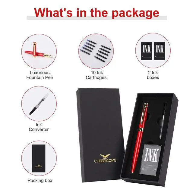 Alt view image 4 of 6 - Fountain Pen - Luxury Fountain pen set for Men & Women - Ink Pen for Smooth Writing - Fountain Pen Fine NibIncludes 10 Ink Cartridges and Ink Refill Converter - Red