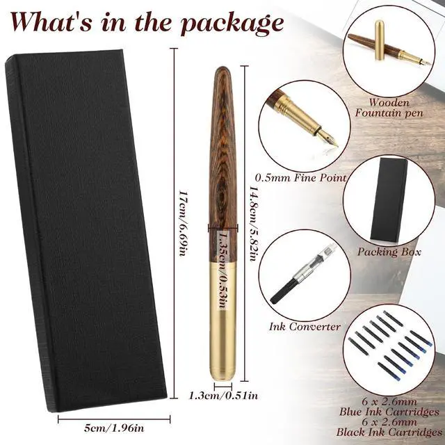Alt view image 3 of 7 - Handcrafted Wooden Fountain Pens Set, Vintage Luxury Wood Fountain Pen 0.5mm Fine Point Smooth Writing Pen With 12 Ink 2.6 mm Cartridges and Gift Box for Journaling Calligraphy Supplies(B)