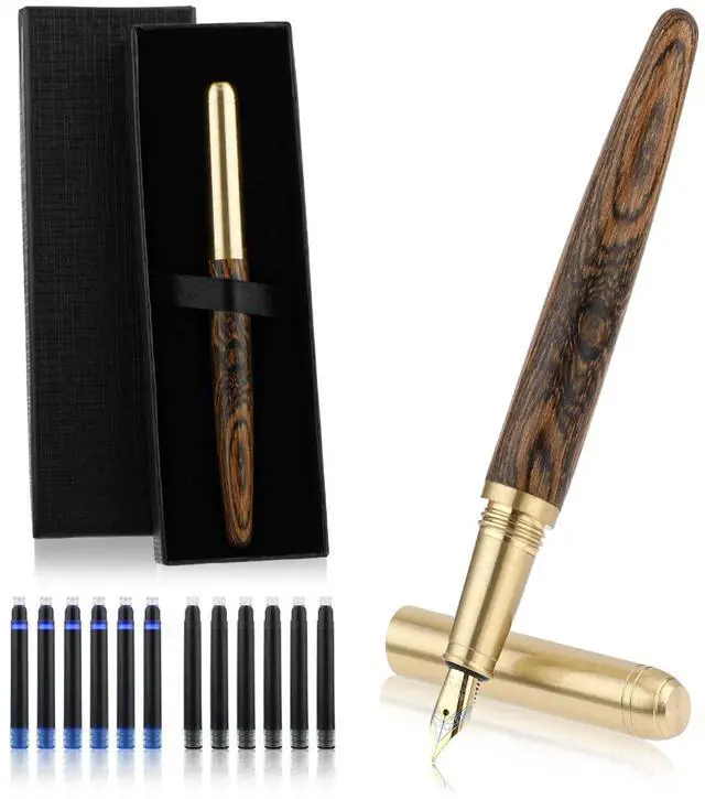 Main image of Handcrafted Wooden Fountain Pens Set, Vintage Luxury Wood Fountain Pen 0.5mm Fine Point Smooth Writing Pen With 12 Ink 2.6 mm Cartridges and Gift Box for Journaling Calligraphy Supplies(B)