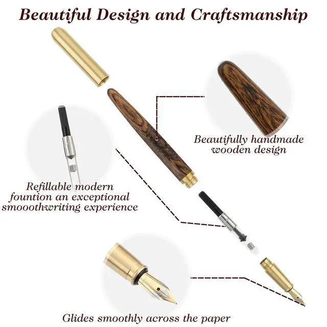 Alt view image 6 of 7 - Handcrafted Wooden Fountain Pens Set, Vintage Luxury Wood Fountain Pen 0.5mm Fine Point Smooth Writing Pen With 12 Ink 2.6 mm Cartridges and Gift Box for Journaling Calligraphy Supplies(B)