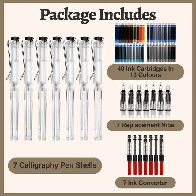 Alt view image 3 of 7 - Calligraphy Set, 7 Pcs Fountain Pen with Different Replaceable Nib and 40 Replaceable Ink Cartridge in 11 Color for Beginner Writing and Drawing Calligraphy Kit