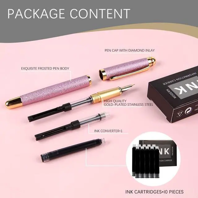 Alt view image 2 of 7 - fountain pen-Multiple color styles with rhinestone,diamond inlay and frosted finish,Cute pens,Luxury pen,Office pens,Best pen set,Includes 10 Ink Cartridges and Ink Refill Converter(Pink)