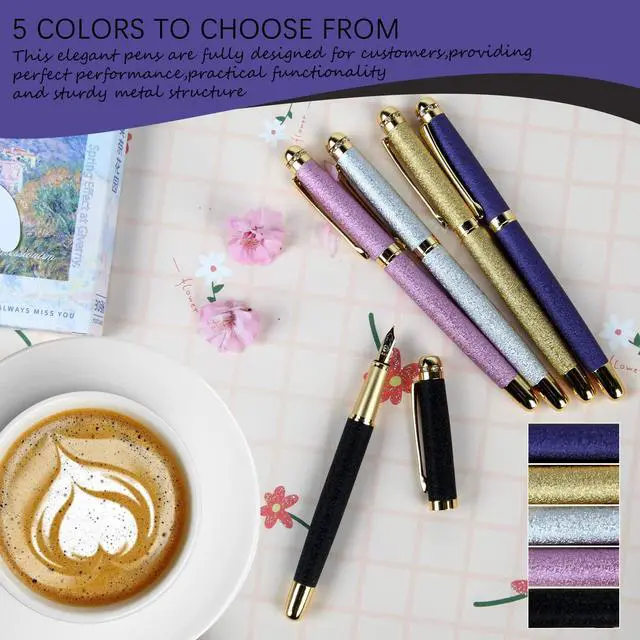 Alt view image 3 of 7 - fountain pen-Multiple color styles with rhinestone,diamond inlay and frosted finish,Cute pens,Luxury pen,Office pens,Best pen set,Includes 10 Ink Cartridges and Ink Refill Converter(Pink)
