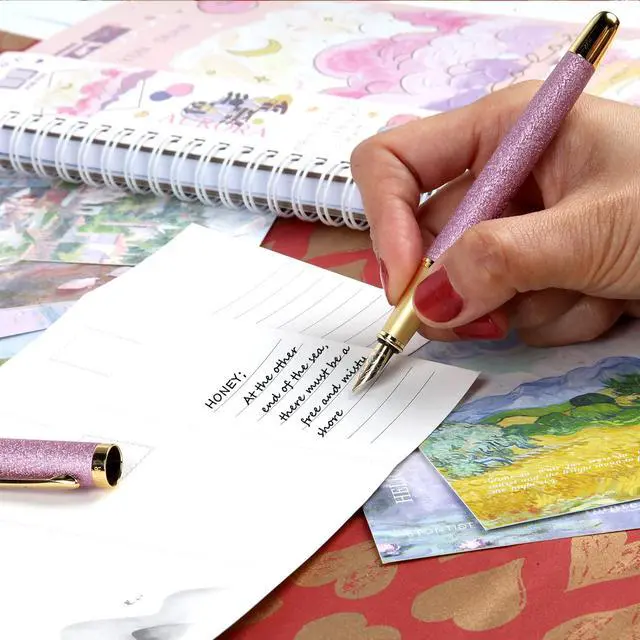 Alt view image 6 of 7 - fountain pen-Multiple color styles with rhinestone,diamond inlay and frosted finish,Cute pens,Luxury pen,Office pens,Best pen set,Includes 10 Ink Cartridges and Ink Refill Converter(Pink)