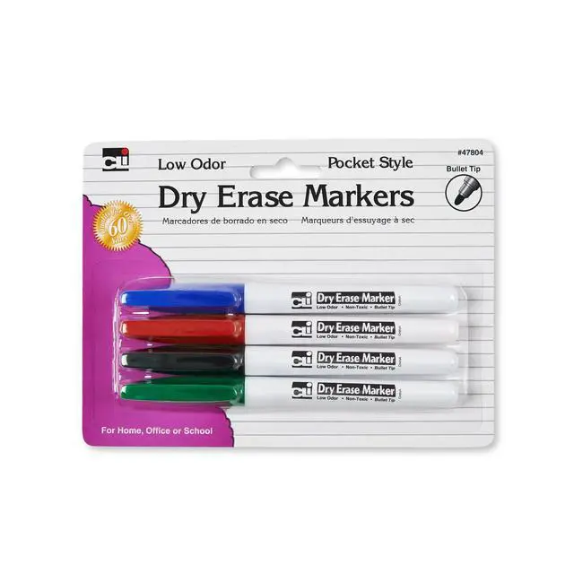 Alt view image 2 of 3 - Dry Erase Markers, Pocket Style with Bullet Tip, Assorted Colors, 4-Pack (47804)