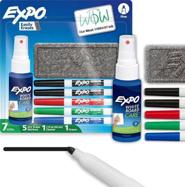 Main image of Dry Erase Markers Kit, Fine Tip, Assorted Colors, Eraser, Spray Cleaner, 7 Count