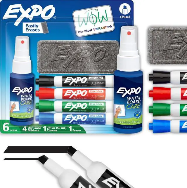 Main image of Dry Erase Markers Kit, Chisel Tip, Assorted Colors, Eraser, Spray Cleaner, 6 Count - Whiteboard, Calendar, Office Essentials, School, Classroom, Teacher Supplies