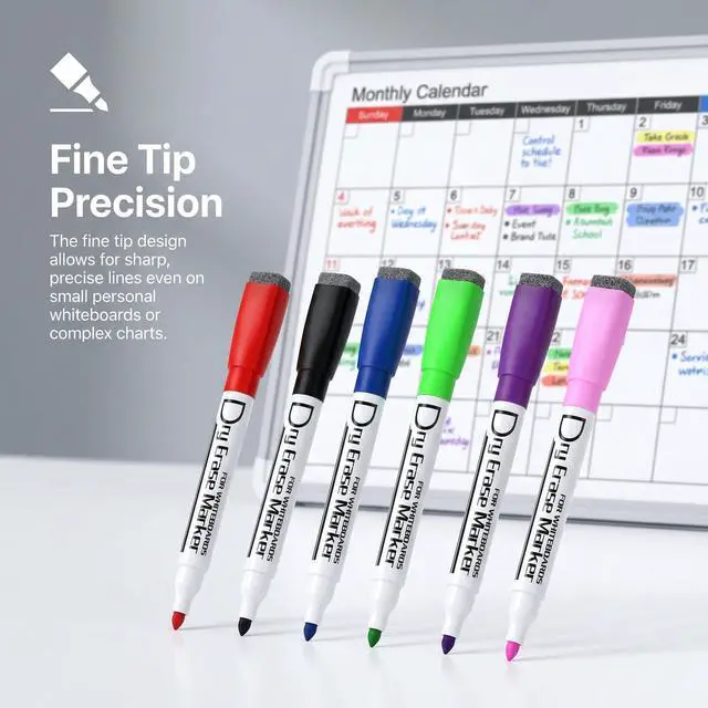 Alt view image 3 of 7 - Magnetic Dry Erase Markers, Fine Tip, 6 Colors, 6 Pack | Whiteboard Markers with Eraser Cap, Low Odor Dry Erase Pens, Magnetic Markers for Whiteboards, Calendars, Refrigerators