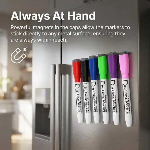 Alt view image 2 of 7 - Magnetic Dry Erase Markers, Fine Tip, 6 Colors, 6 Pack | Whiteboard Markers with Eraser Cap, Low Odor Dry Erase Pens, Magnetic Markers for Whiteboards, Calendars, Refrigerators