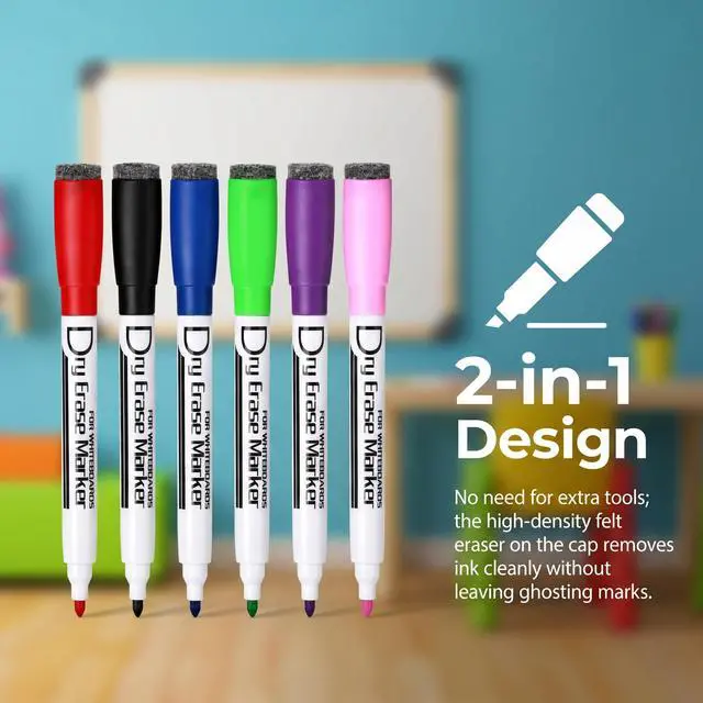 Alt view image 4 of 7 - Magnetic Dry Erase Markers, Fine Tip, 6 Colors, 6 Pack | Whiteboard Markers with Eraser Cap, Low Odor Dry Erase Pens, Magnetic Markers for Whiteboards, Calendars, Refrigerators