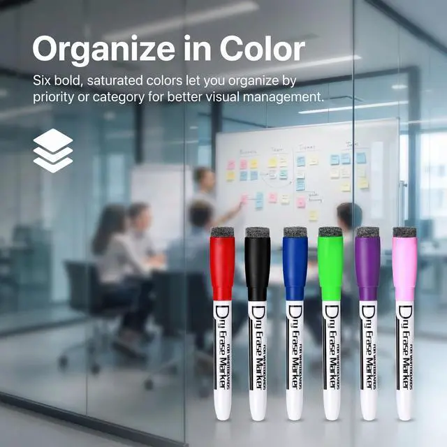 Alt view image 5 of 7 - Magnetic Dry Erase Markers, Fine Tip, 6 Colors, 6 Pack | Whiteboard Markers with Eraser Cap, Low Odor Dry Erase Pens, Magnetic Markers for Whiteboards, Calendars, Refrigerators