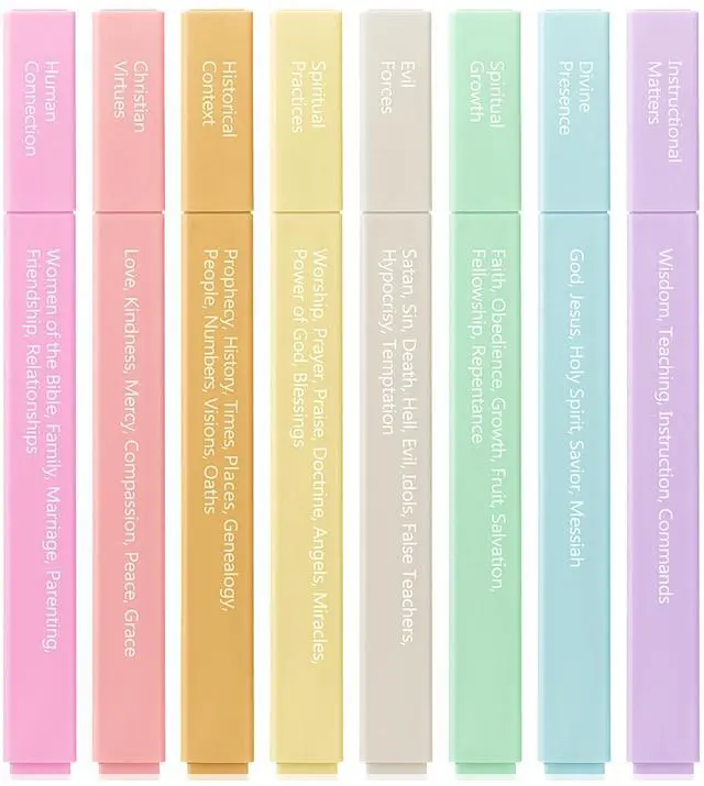 Main image of Bible Highlighters with Color-Coding System, 8 Pack | Soft Chisel Tip, Aesthetic Highlighters Assorted Colors