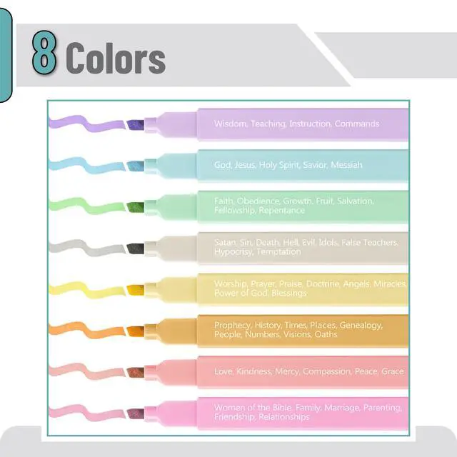 Alt view image 2 of 7 - Bible Highlighters with Color-Coding System, 8 Pack | Soft Chisel Tip, Aesthetic Highlighters Assorted Colors
