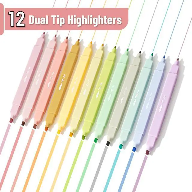Alt view image 2 of 7 - Dual Tip Aesthetic Highlighters, 12 pcs, Chisel & Fine Tip | Cute Highlighters Assorted Colors for Journaling, Highlighting, Underlining, Fast Dry, Back to School Supplies