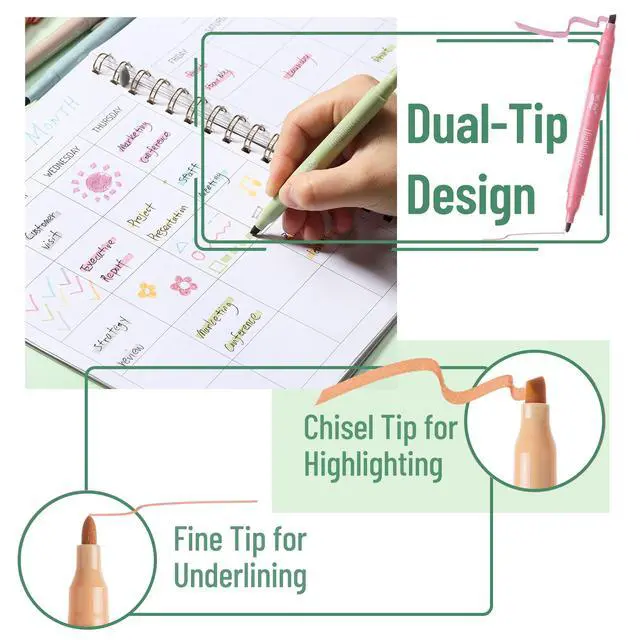 Alt view image 3 of 7 - Dual Tip Highlighters, 8 Pack, Fine & Chisel | Cute Highlighters Assorted Colors, Dual Tip Markers