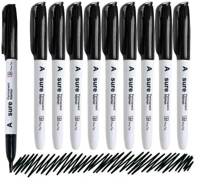 Main image of 10 Pack Black Permanent Felt Waterproof Markers, Fine Point, Fade Resistant, Writes on Plastic, Metal, Glass, and Stone.