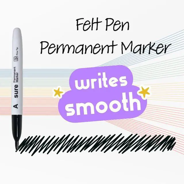 Alt view image 2 of 4 - 10 Pack Black Permanent Felt Waterproof Markers, Fine Point, Fade Resistant, Writes on Plastic, Metal, Glass, and Stone.