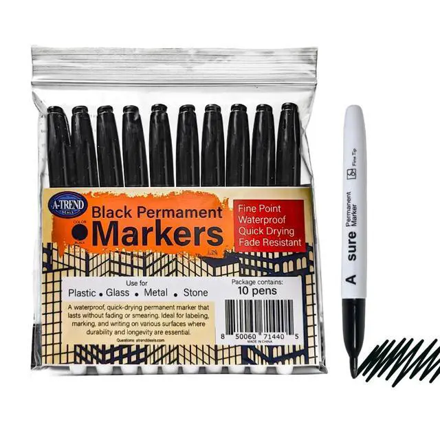 Alt view image 4 of 4 - 10 Pack Black Permanent Felt Waterproof Markers, Fine Point, Fade Resistant, Writes on Plastic, Metal, Glass, and Stone.
