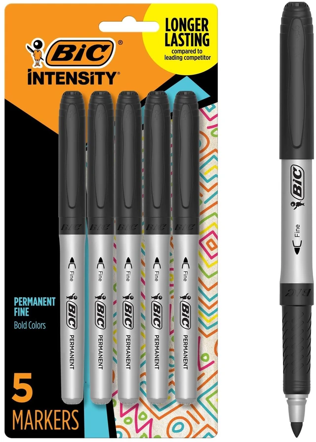Main image of Intensity Black Permanent Markers, Fine Point, 5-Count Pack of Black Markers With Non-Slip Grip for Comfort and Control