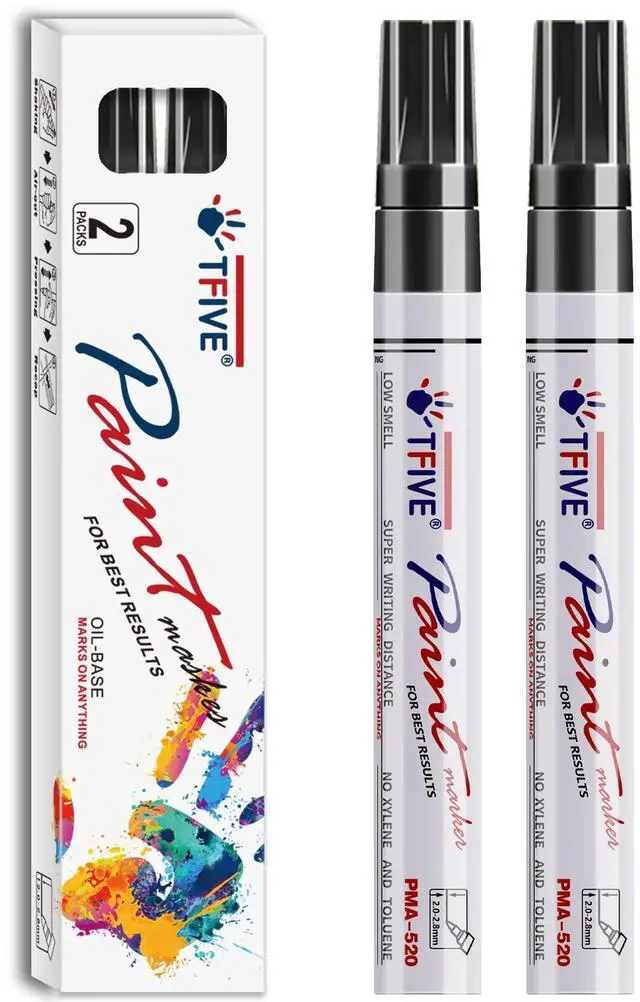 Main image of Black Permanent Markers Paint Pens, 2 Pack Oil Based Paint Markers | Waterproof, Quick Dry, Never Fade, Medium Tip Marker Pens for Rock Painting, Wood, Metal, Plastic, Canvas, Glass, Rubber
