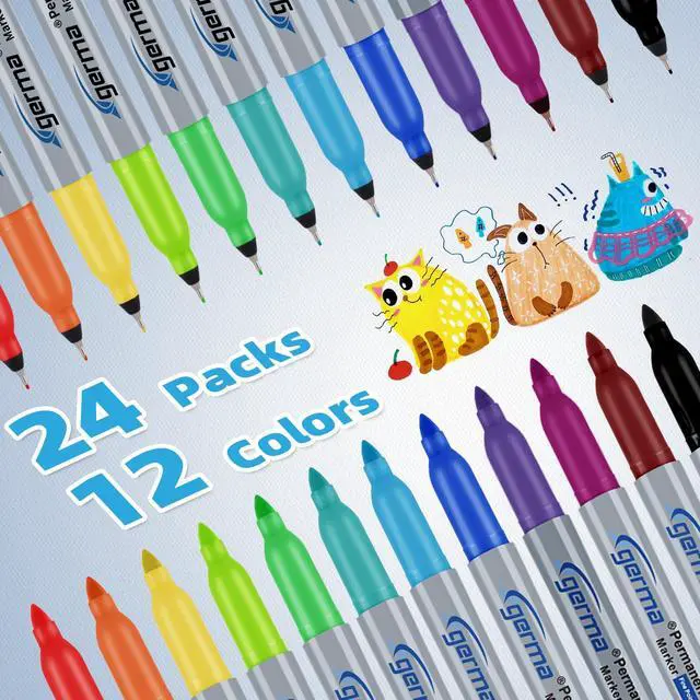 Alt view image 2 of 7 - 24 Pack Color Permanent Markers, Fine Tip and Ultra Fine Point, 12 Vibrant Assorted Colors Permanent Markers, Works on Paper, Glass, Plastic, Metal, Ideal for Kids, Adults, Office & School Supplies