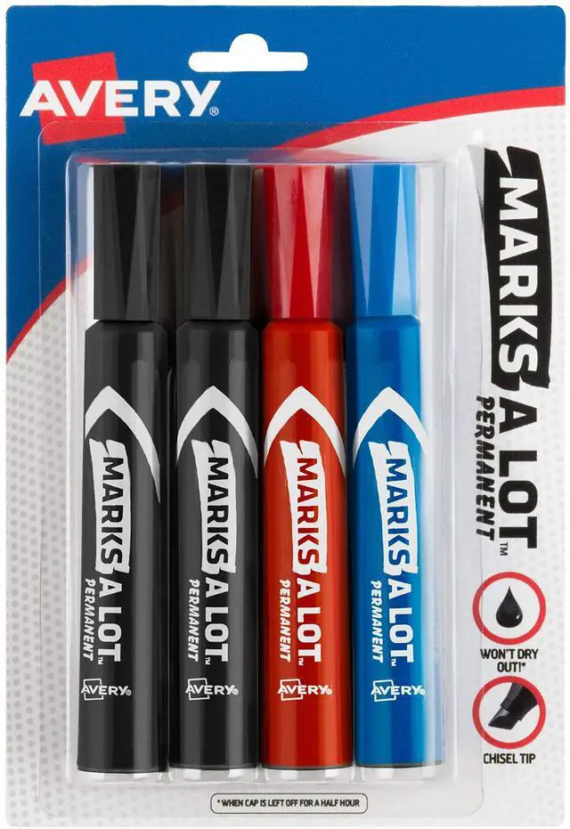 Main image of Marks A Lot® Permanent Markers, Regular Desk-Style Size, Chisel Tip, 4 Assorted Markers (07905)