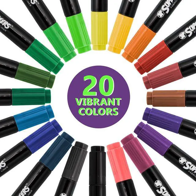 Alt view image 2 of 7 - Super Markers 20 Vibrant Dual Tip Fabric Markers | Fine & Chisel Point Pens Fabric Marker Permanent for Clothes, T-Shirts - Permanent Ink Eye-Catching Vibrant & Bold Colors