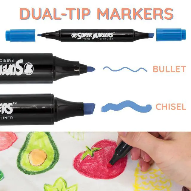 Alt view image 3 of 7 - Super Markers 20 Vibrant Dual Tip Fabric Markers | Fine & Chisel Point Pens Fabric Marker Permanent for Clothes, T-Shirts - Permanent Ink Eye-Catching Vibrant & Bold Colors