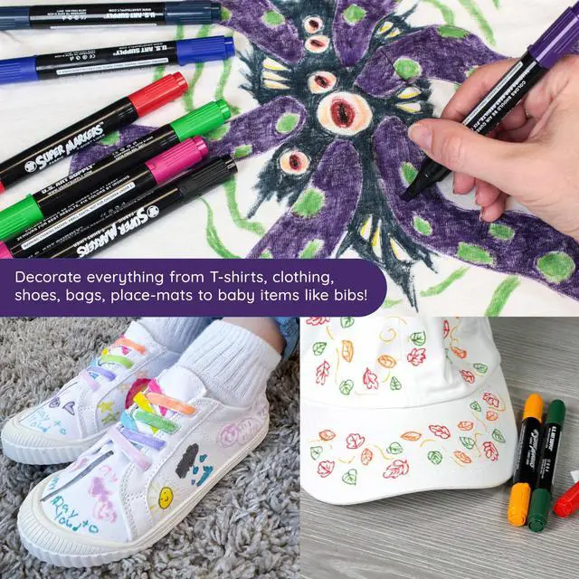 Alt view image 7 of 7 - Super Markers 20 Vibrant Dual Tip Fabric Markers | Fine & Chisel Point Pens Fabric Marker Permanent for Clothes, T-Shirts - Permanent Ink Eye-Catching Vibrant & Bold Colors