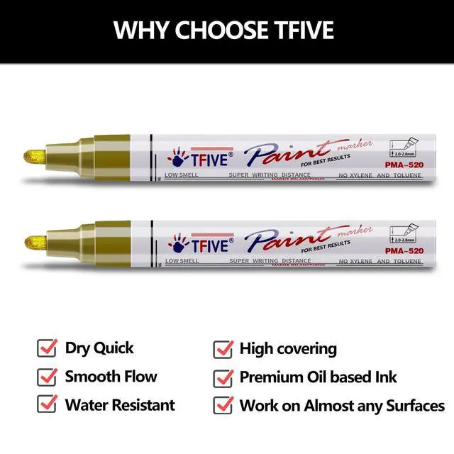 Alt view image 2 of 7 - Gold Permanent Markers Paint Pens, 2 Pack Oil Based Paint Markers | Metallic, Waterproof, Quick Dry, Never Fade, Medium Tip Marker Pens for Rock, Wood, Metal, Plastic, Canvas, Glass, Rubber