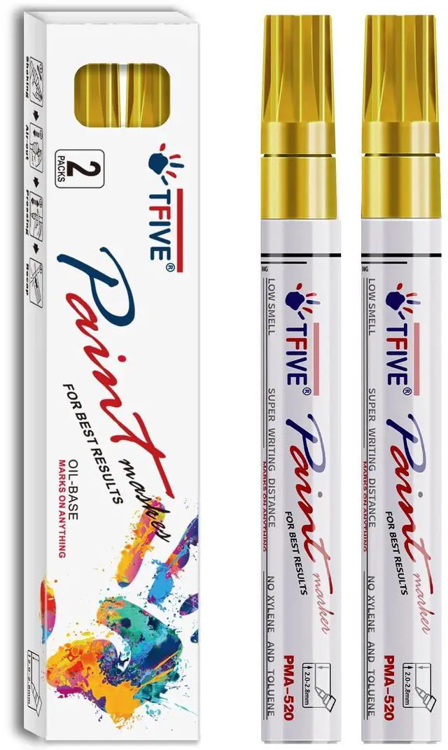 Main image of Gold Permanent Markers Paint Pens, 2 Pack Oil Based Paint Markers | Metallic, Waterproof, Quick Dry, Never Fade, Medium Tip Marker Pens for Rock, Wood, Metal, Plastic, Canvas, Glass, Rubber