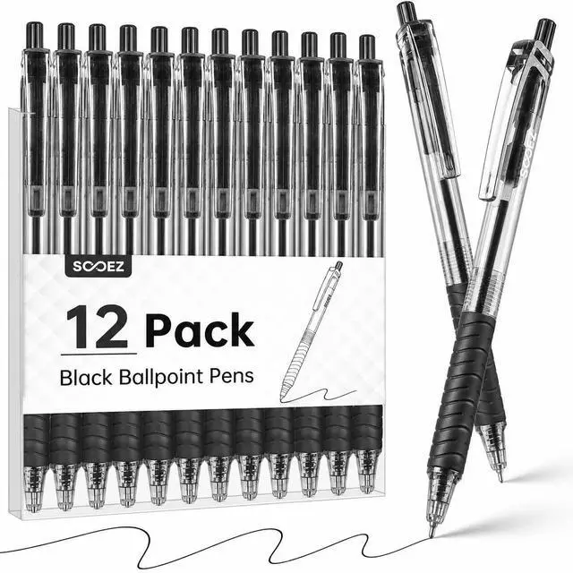 Main image of 12 Pack Bulk Pens Ballpoint, Smooth Writing pens with Soft Grip | Retractable Black Ink Pen, Medium Point 1.0mm Pens for Journaling, Box of Pen Office Supplies for Nurse,Server, Note Taking