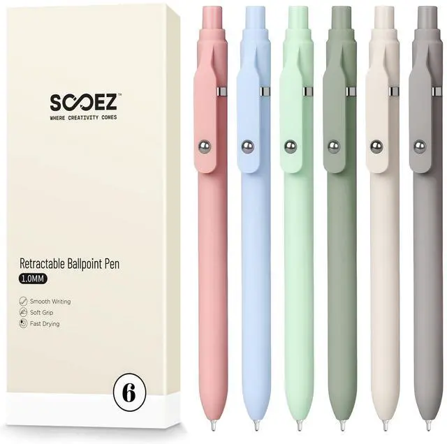 Main image of 6 Pack Ballpoint Pen, Retractable Black Pen ballpoint Smooth Writing | Comfort Grip Fidge Pen for Journaling, Cute Office and School Supplies Bulk Pens, 1.0mm Medium Point Black ink