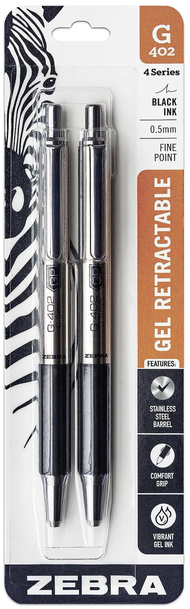 Main image of STEEL G-402 Retractable Gel Pen, Black Ink, 0.5mm, 2-Pack | Stainless Steel Weighted Barrel, Comfort Grip, Easy-Glide Smooth, Skipless Ink, Fine Point, School & Office Supplies (49212)