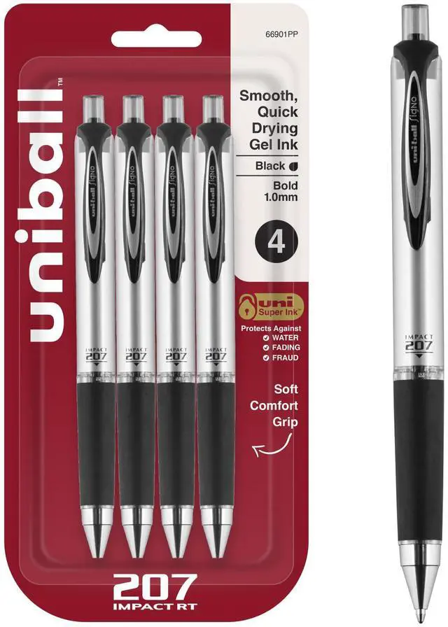 Main image of 207 Impact RT Gel Pens, Bold Point (1.0mm), Black, 4 Pack | Auto-retracting clip protects against marks & stains, bold gel ink lay-down, fraud-resistant uni Super Ink, fade-resistant