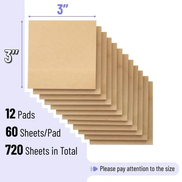 Alt view image 2 of 7 - Kraft Sticky Notes, 3"x3", 12 Pads, 720 Sheets, Brown | Sticky Notes Bulk, Self-Stick Note Pads, Perfect for Office, School, Home, Study & Organization