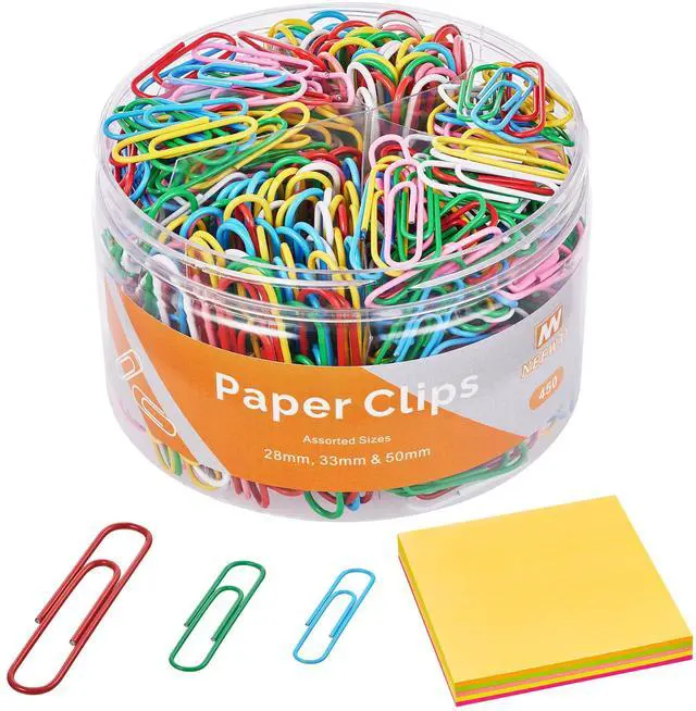 Main image of 450pcs Paper Clips Assorted Sizes with 100 Sheets Sticky Notes Set, Colored Paperclips for Office Document Organizing