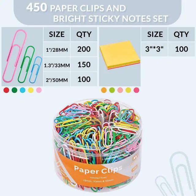 Alt view image 2 of 6 - 450pcs Paper Clips Assorted Sizes with 100 Sheets Sticky Notes Set, Colored Paperclips for Office Document Organizing