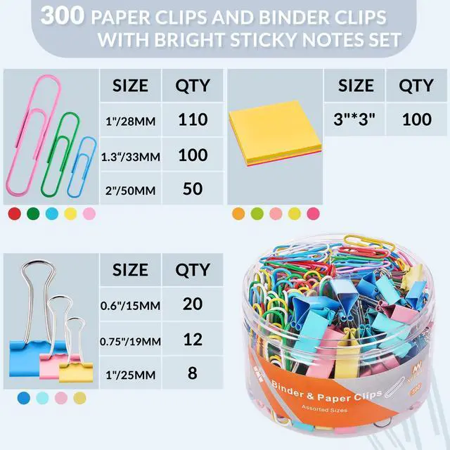 Alt view image 2 of 6 - 300pcs Paper Clips and Binder Clips Assorted Sizes with 100 Sheets Sticky Notes, Colored Paper Clips Set for Home, Office Supplies
