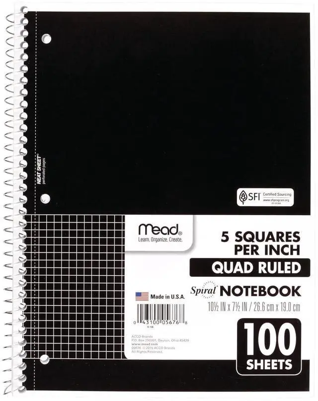 Main image of Spiral Notebook, 1 Subject, Graph Ruled Paper, 7-1/2" x 10-1/2", 100 Sheets, Black (05676AA5)