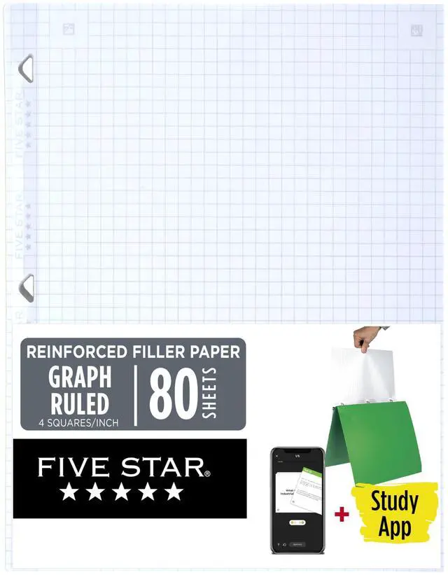 Main image of Loose Leaf Paper + Study App, Graph Ruled Filler Notebook Paper, Reinforced, Fights Ink Bleed, 8-1/2" x 11", 80 Sheets (170122)