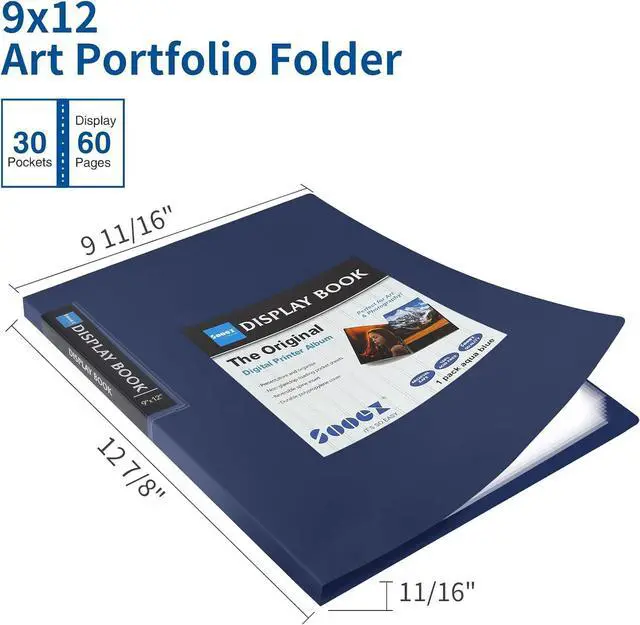 Alt view image 2 of 7 - 30-Pocket Binder with Plastic Sleeves 9x12, Heavy Duty Art Portfolio | Folder with Clear Sheet Protectors, Display 60 Pages, Presentation Book for Artwork, Document Organizer Binder, Navy Blue