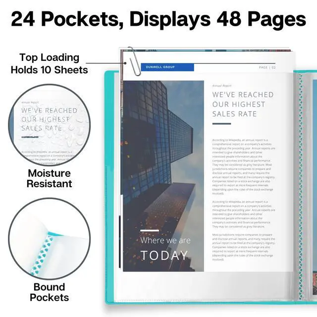 Alt view image 3 of 7 - Presentation Binder 24 Pockets, 8.5x11 Plastic Sleeves, Aqua | Presentation Book or Portfolio Binder displays 48 pages for documents, certificates, photos, and school projects.