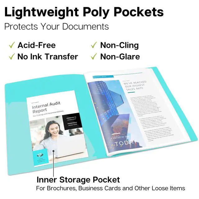 Alt view image 4 of 7 - Presentation Binder 24 Pockets, 8.5x11 Plastic Sleeves, Aqua | Presentation Book or Portfolio Binder displays 48 pages for documents, certificates, photos, and school projects.